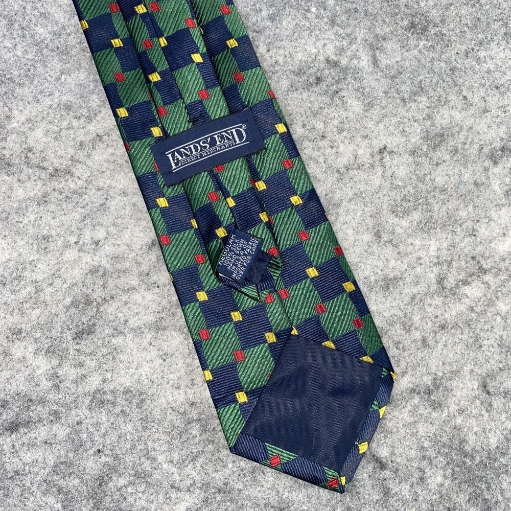 VTG Lands End Silk Necktie Navy Green Yellow Red‎ Hand Sewn Holiday USA